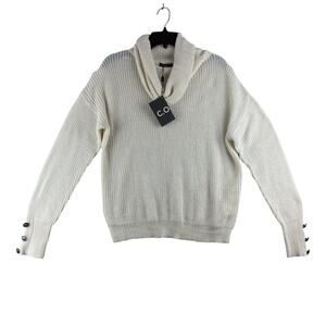 COZY Cowl Neck Loose Knit Sweater Womens Small NWT White Long Sleeve Faux Button